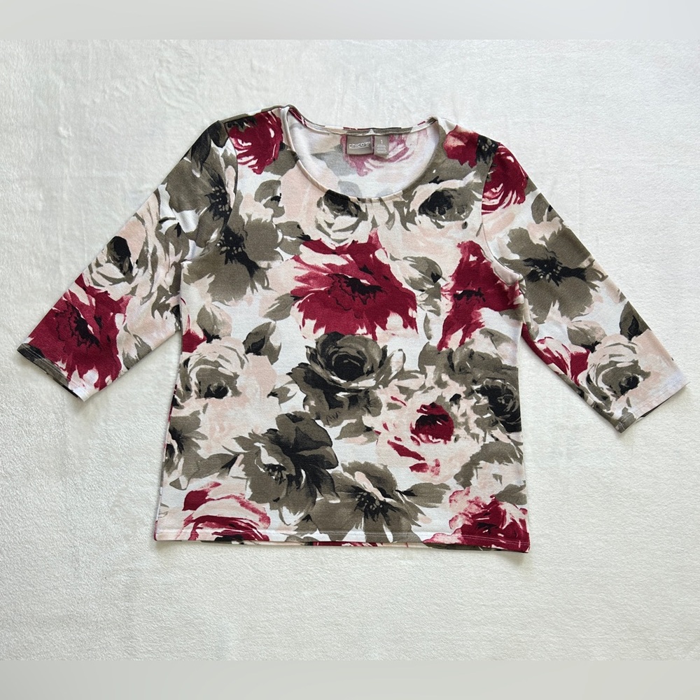 Chico’s Floral Knit Crew Neck 3-Quarter Sleeve Womens‎ Casual Blouse